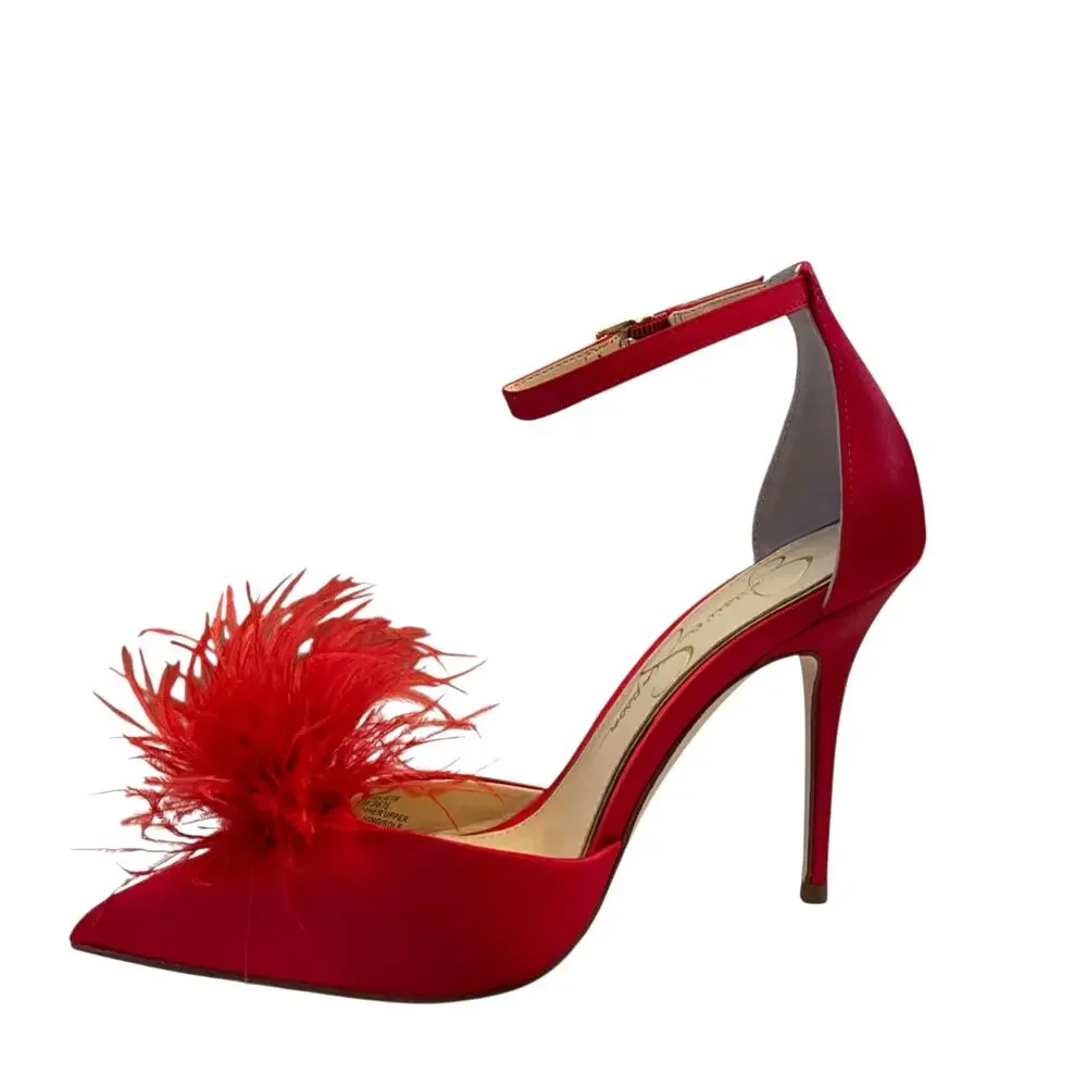 Jessica Simpson Wolistie Ankle Strap Dress Pumps Red Feather Pom Pom Size 6 NEW